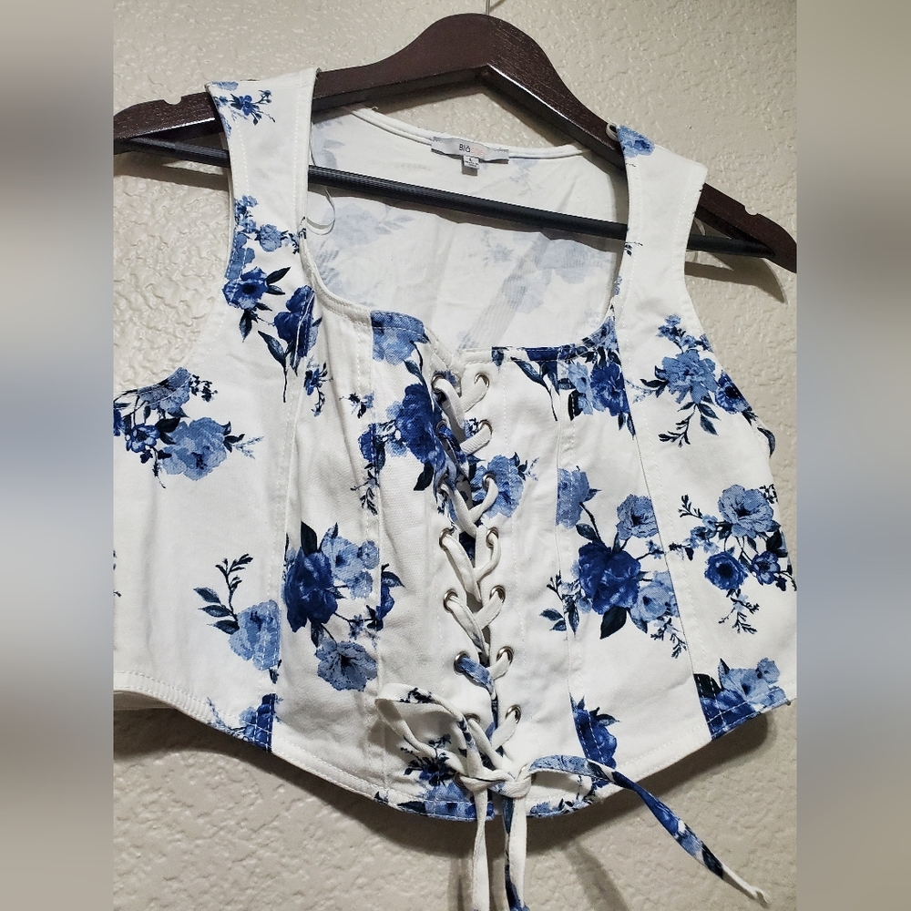 Blashe White Bustier Blue Rose Print Lace Up Corset Crop Top Junior/Womens Large - Picture 3 of 7